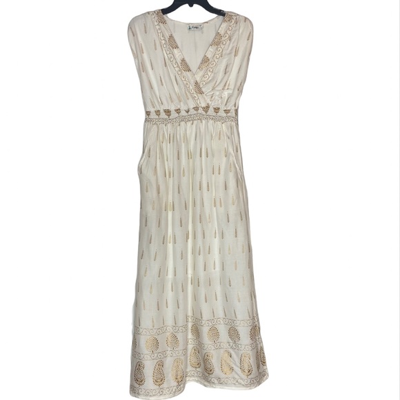 Brand New! Lapogee  Printed Cream and Gold Summer Dress with Pockets. Size SP - Picture 3 of 9